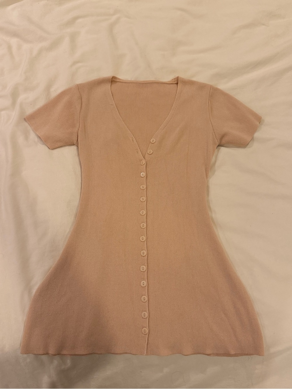 Short Button-Front V-Neck Knit Dress in nude